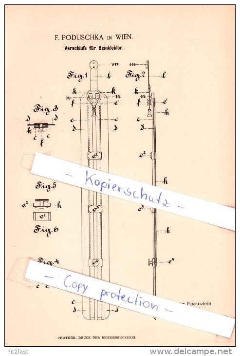 Original Patent  - F. Poduschka In Wien , 1884 ,  Verschluß Für Beinkleider !!! - Leibwäsche