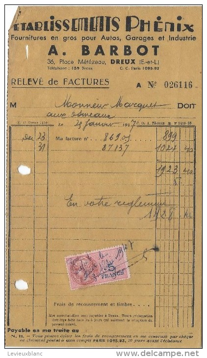 Relevé De Factures/A. BARBOT/ Fournitures En Gros Pour Autos, Garages Et Industrie/Dreux/ 1947 AC116 - Automobile