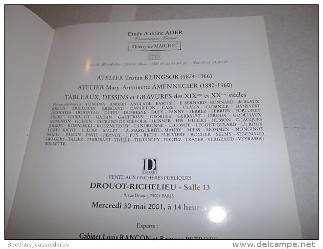 Catalogue De Vente "Atelier TRISTAN KLINGSOR" "Atelier Mary-Antoinette AMENNECIER" Vente Du 30 Mai 2001 - Art