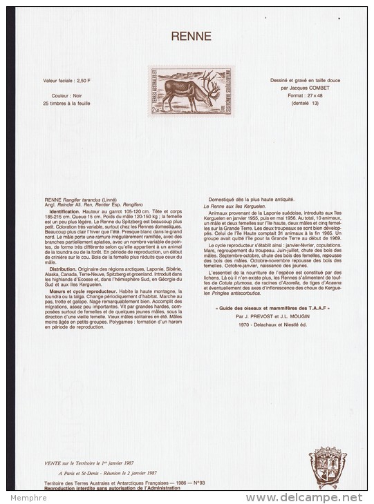1987  Le Renne  Lithographie Grand Format Par Le Graveur Jacques Gombet  25 X 332 Cm Tirage Limité - Non Dentelés, épreuves & Variétés