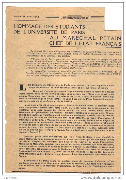 Regime De Vichy: Hommage Etudiants Au Marechal Petain 9 Avril 1942, Jerome Carcopino, Marechal Petain Et General Laure - Guerre, Militaire