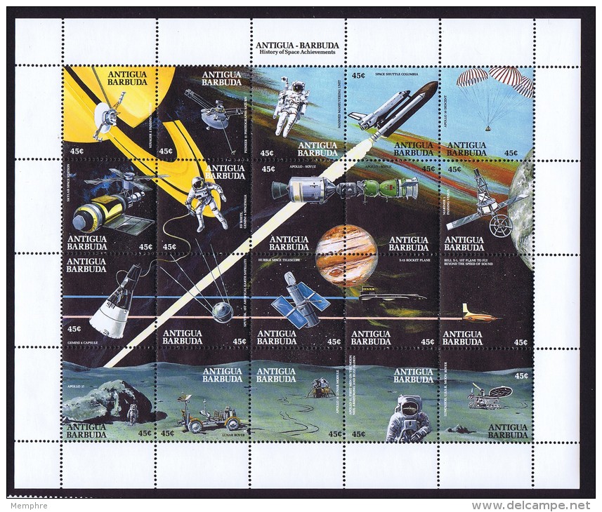 1990  Conquête De L'espace  Feuille De 20 Différents ** MNH - Antigua Et Barbuda (1981-...)