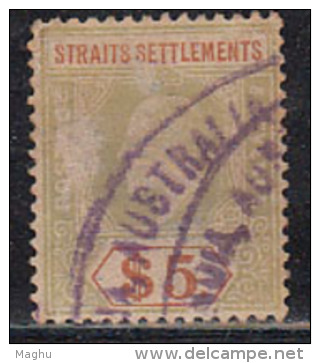 $5.00 Edward, Wmk Multi Crown, Fiscal / Revenue, Used 1906 Series, (1909), Straits Settlements, Malaya. - Straits Settlements