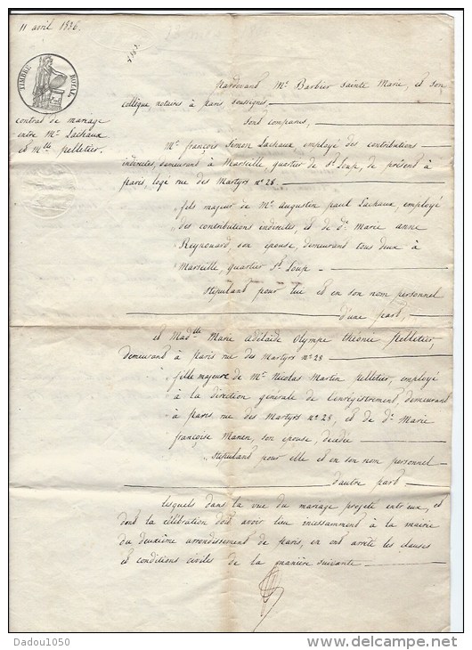 Contrat De Mariage 1836 - Cachets Généralité