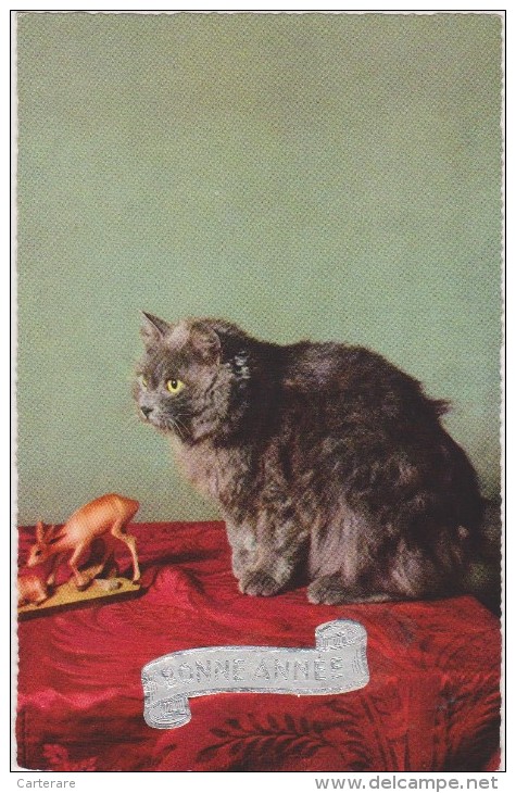 BONNE ANNEE,avec Chat,cat,poilu,sur Table à Nappe Rouge,made In Italy,rare - Año Nuevo