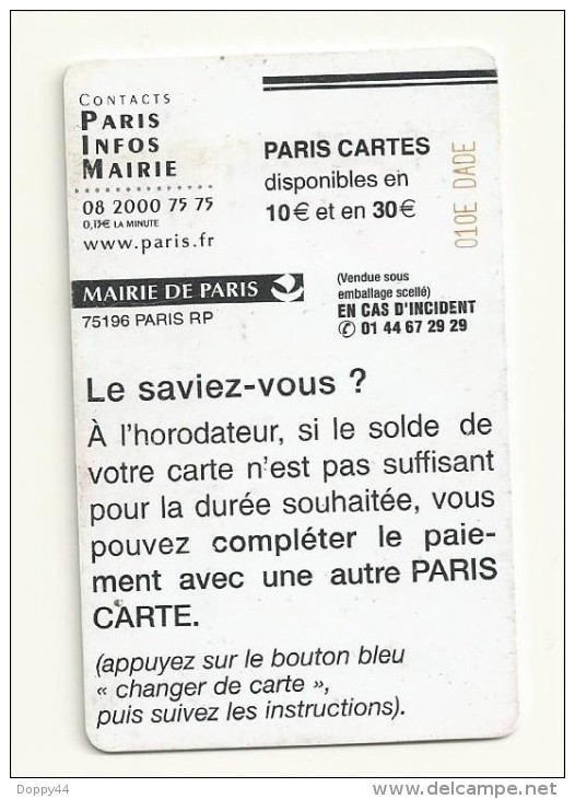 CARTE STATIONNEMENT PARIS 10 EUROS - Cartes De Stationnement, PIAF