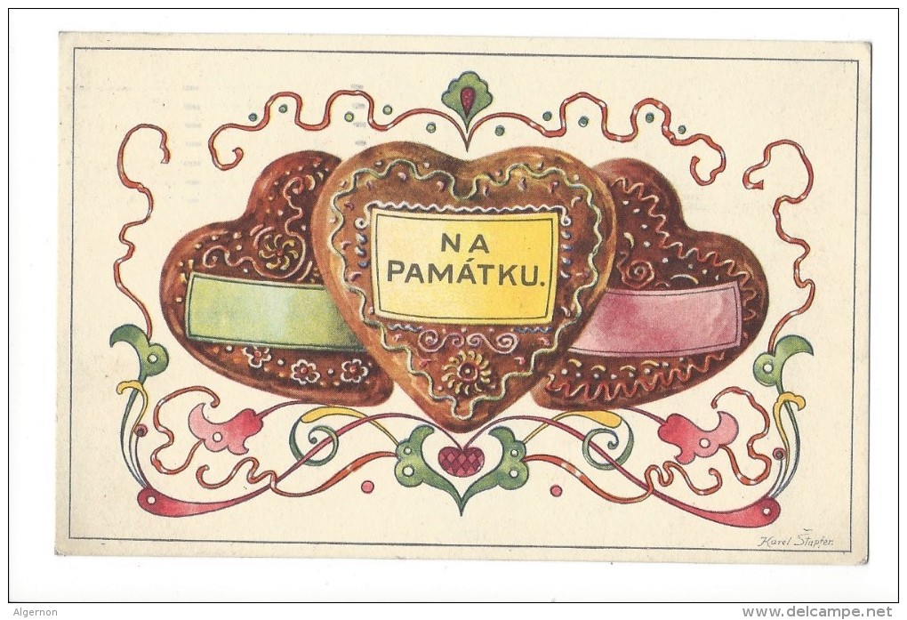 10723 - N A PAMATKU Pains D'épices En Forme De Coeur Signé Karel Stapfers + Cachet Praha 1928 - Autres & Non Classés