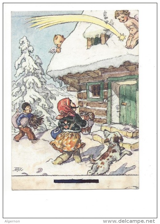 10750 -  Enfants Devant La Maison En Hiver Chien Anges Sur Le Toit Signé M. Fischerova Kvechova MFK   (Format 10X15) - Autres & Non Classés