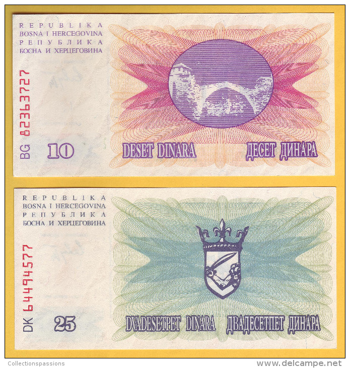 BOSNIE HERZEGOVINE - Lot De 2 Billets De 10 Et 25 Dinara. 1.07.92. Pick:10 Et 11. NEUF - Bosnia Y Herzegovina