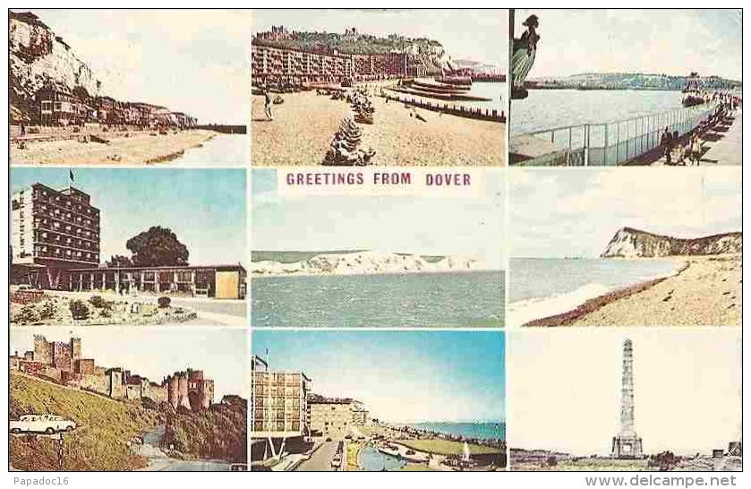 GB - K - Greetings From Dover - Multiview (9) : Beach, Cliff, Patrol Memorial, Stage Hotel, Seafront, Pier (circ. 1968) - Dover