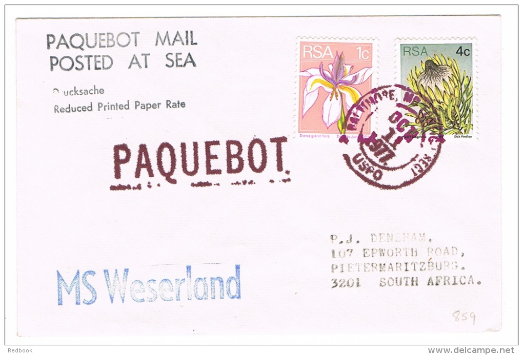 RB 1005 - 1977 South Africa Paquebot Ship Letter M/S Weserland - 5c Rate To South Africa  - Maritime Theme - Briefe U. Dokumente