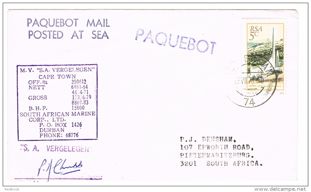 RB 1005 - 1978 Rotterdam South Africa Paquebot Ship Letter S.A. Vergelegen - 5c Rate To South Africa  - Maritime Theme - Storia Postale