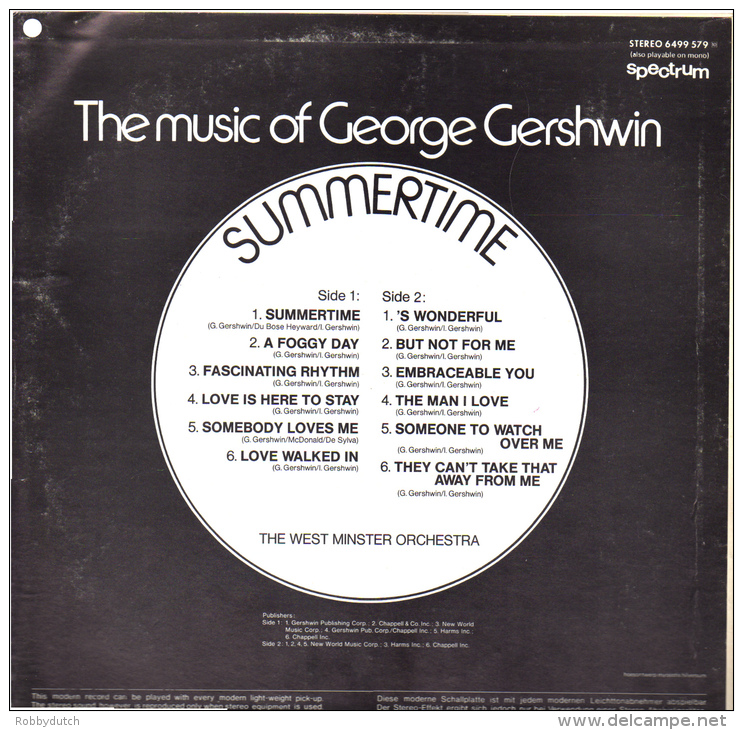 * LP *  WEST MINSTER ORCHESTRA - SUMMERTIME, THE MUSIC OF GEORGE GERSHWIN (Holland 1967 EX-!!!) - Instrumentaal