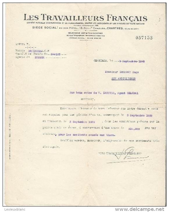 Les Travailleurs Français/CHARTRES/Société Mutuelle D'Assurances/ Chasse/Droisy /Eure/1938     BA32 - Bank & Insurance