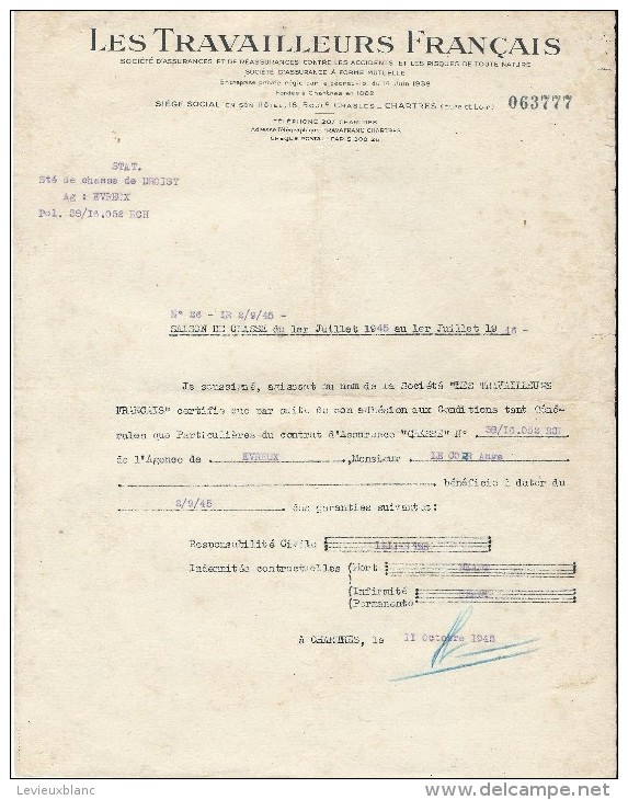 Les Travailleurs Français/CHARTRES/Société Mutuelle D´Assurances/ Chasse/Droisy /Eure/1945   BA33 - Bank En Verzekering