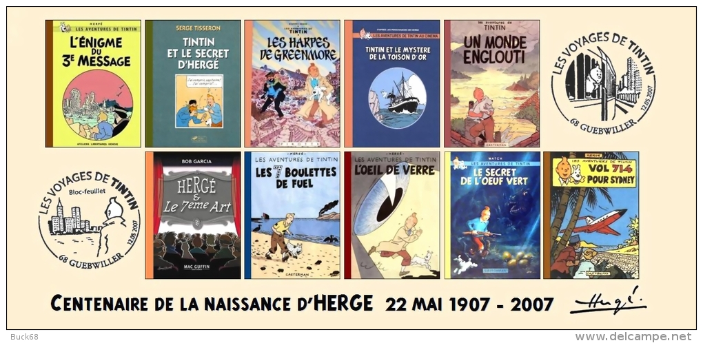 FRANCE 2007 N°27 Albums Fictifs + 2 Cachets Premier Jour FDC TINTIN KUIFJE TIM HERGE GUEBWILLER - Hergé