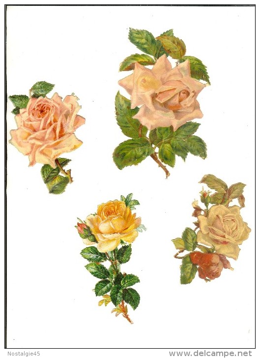 Lot De 4 Chromo-decoupi : Roses - Fleurs