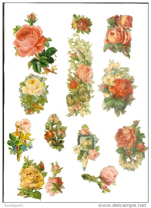Lot De 12 Chromo Découpi : Motifs De Roses Dont 1 Avec Paysage - Flowers