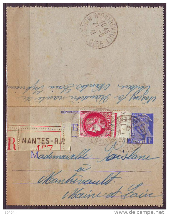 MERCURE 1f Bleu Sur CARTE-LETTRE  RECOMMANDEE De NANTES R.P.   Le 20 6 1941 + CERS 2f Rose  Pour MONTREVAULT  M.et.L. - Cartes-lettres