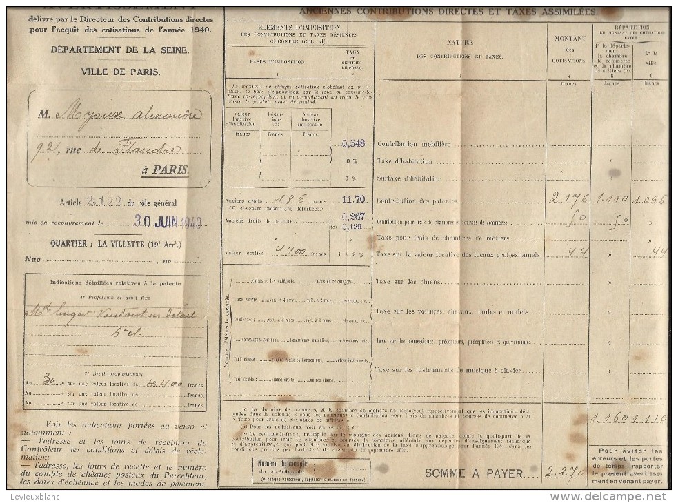 Patente / Contribution Directes /Département De La Seine/ Ville De Paris/  1940  OL60 - 1939-45