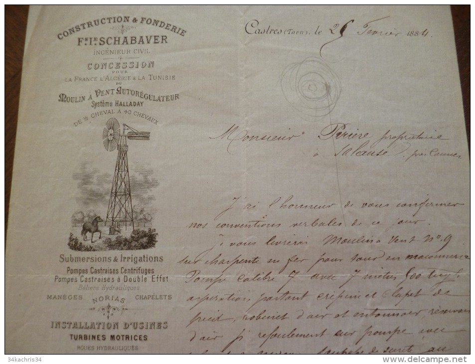 Facture Illustrée Castres. 1884. Construction Et Fonderie Schabaver. Moulin à Vent Hydrauliques.. - 1800 – 1899