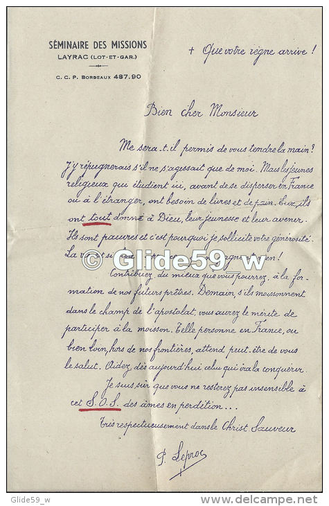 Courrier + Formulaire D'inscription Au Séminaire Des Missions - LAYRAC (Lot-et-Garonne) - Autres & Non Classés