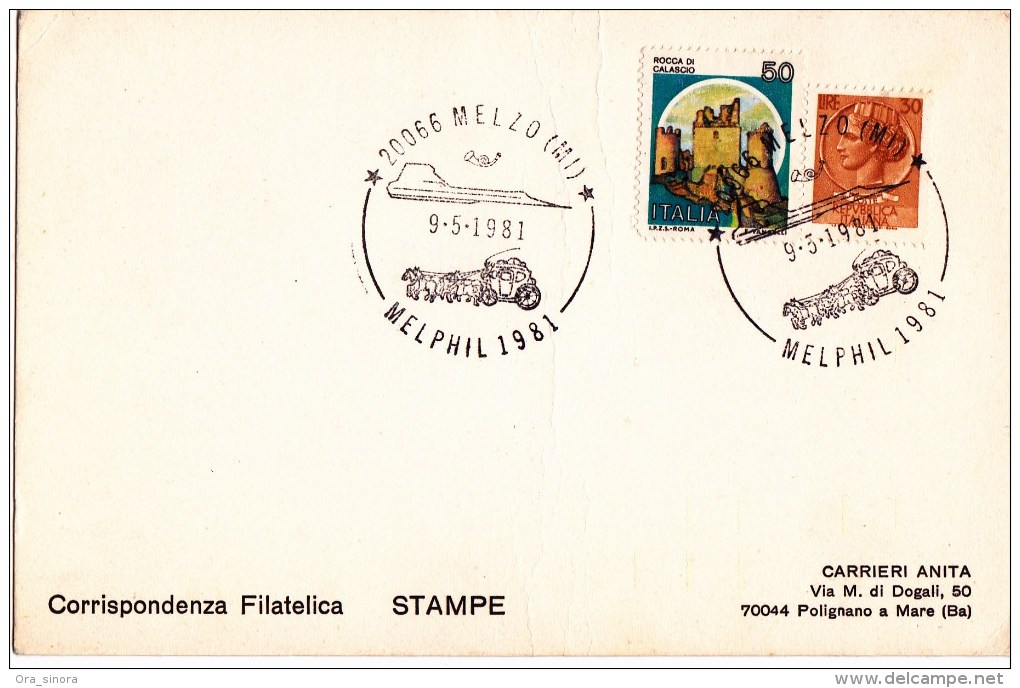 Cartolina Carrieri Timbro Melzo Milano 9/5/1981 Mostra Melphil Francobolli Siracusana Castelli-Stamp-Timbre - 1981-90: Storia Postale