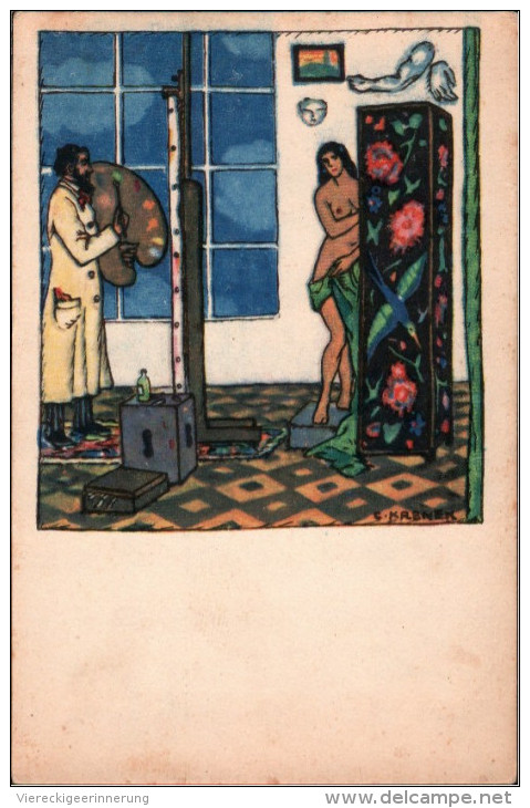 ! Aktmalerei Künstlerkarte, Signatur Carl Krenek, Malerei, Kunst, Peinture, Palette, Painting, Nude, Peintre - Wiener Werkstaetten