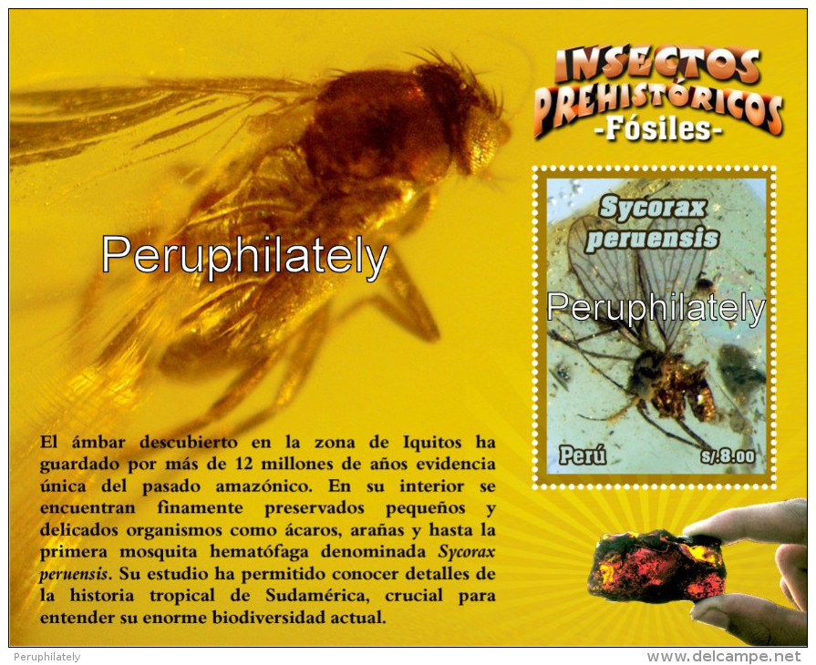 PERU 2014 , INSECTS, FOSSILS , PREHISTORIC INSECTS , SOUVENIR SHEET , MNH - Perù