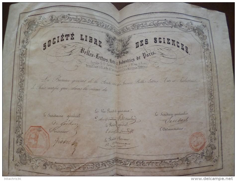 Grand Diplome Sur Peau Société Libre Des Sciences, Belles, Arts Et Industries De Paris.Vierge - Diploma's En Schoolrapporten