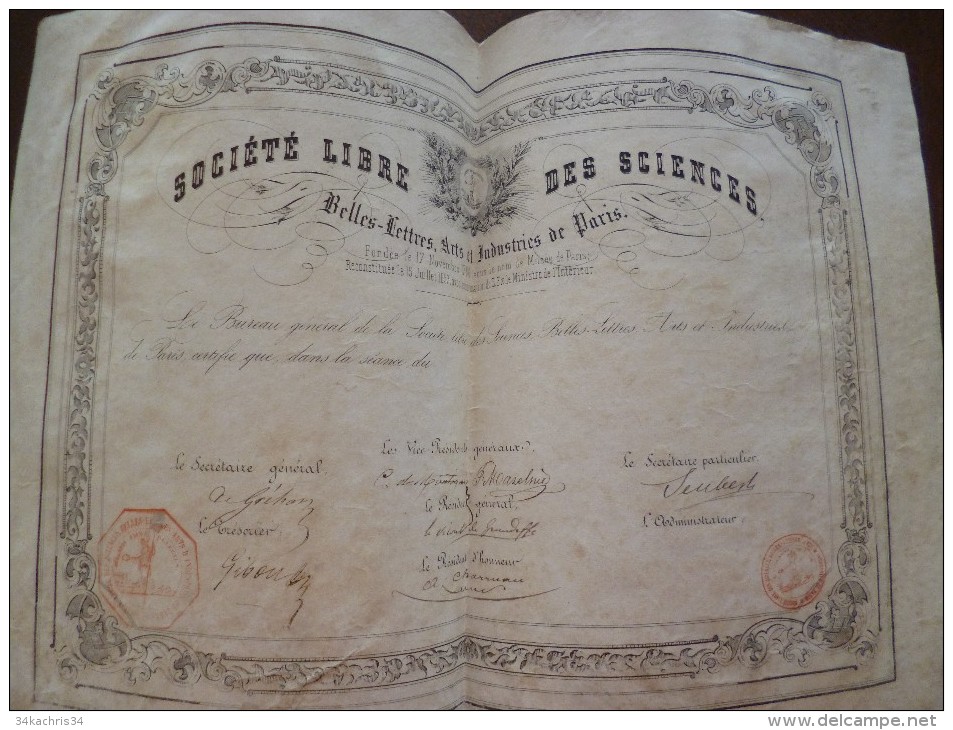 Grand Diplome Sur Peau Société Libre Des Sciences, Belles, Arts Et Industries De Paris.Vierge - Diploma & School Reports