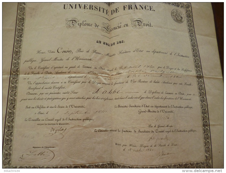 Grand Diplome Sur Peau Université De France. Diplôme De Licencié En Droit. Paris 1840. Orfila; Labbé,... Voir Au Dos Aut - Diplome Und Schulzeugnisse