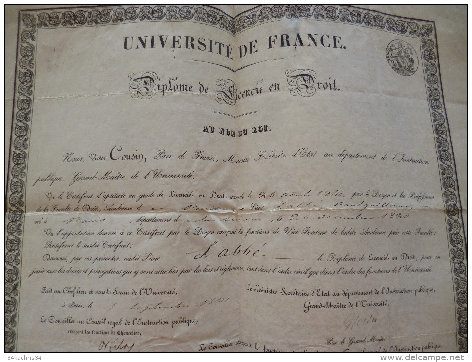 Grand Diplome Sur Peau Université De France. Diplôme De Licencié En Droit. Paris 1840. Orfila; Labbé,... Voir Au Dos Aut - Diploma & School Reports