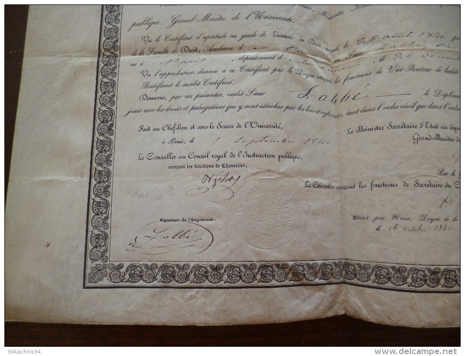 Grand Diplome Sur Peau Université De France. Diplôme De Licencié En Droit. Paris 1840. Orfila; Labbé,... Voir Au Dos Aut - Diploma & School Reports