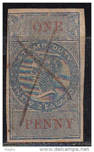 New Zealand Used One Penny Watermark NZ 1867 Imperf., Adhesive, Slate /  Red Type ?,   Fiscal, Revenue - Postal Fiscal Stamps