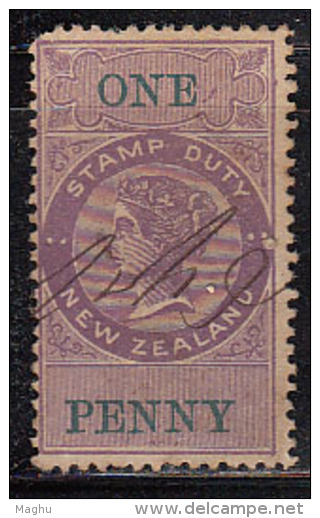 New Zealand Used One Penny Watermark NZ 1867 Perf., Adhesive, Lilac / Green Type ?,  Fiscal, Revenue - Fiscaux-postaux