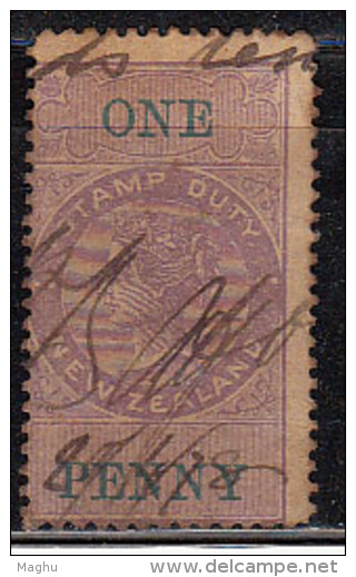 New Zealand Used One Penny Watermark NZ 1867 Perf., Adhesive, Lilac / Green Type ?, Fiscal, Revenue, - Fiscaux-postaux