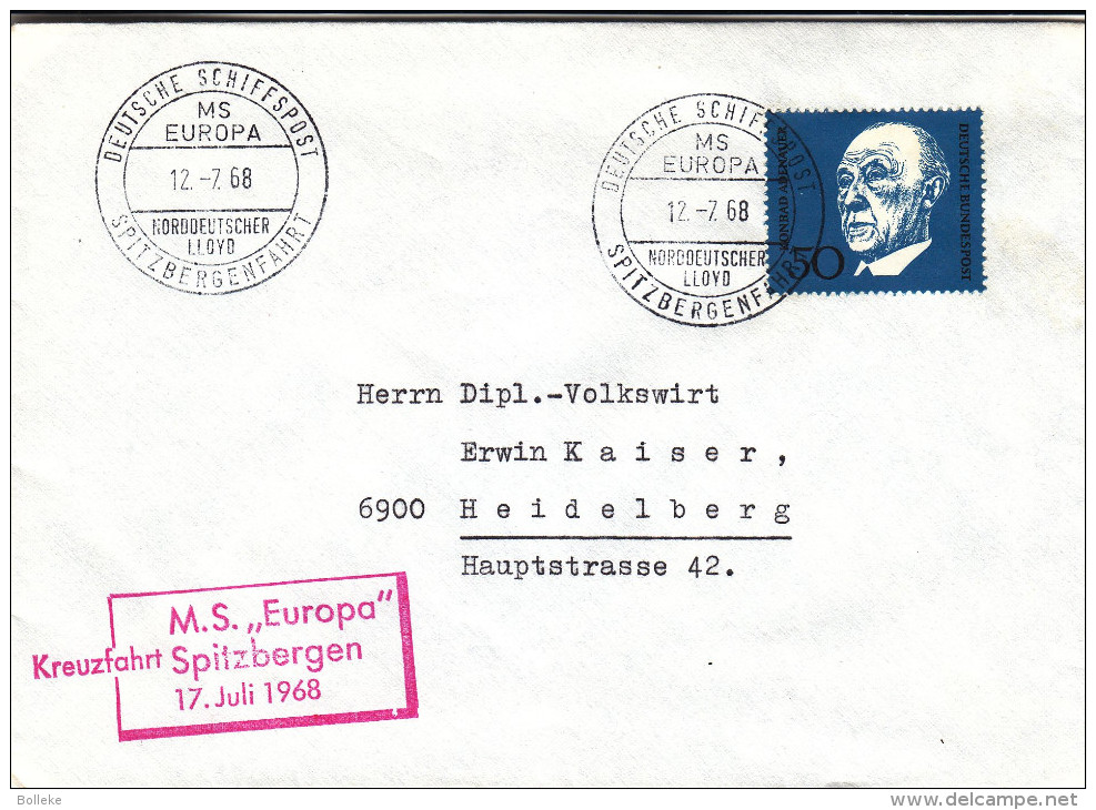 Philatélie Polaire - République Fédérale  - Lettre De 1968 - Oblitération Deutsche Schifspost - Spitzbergenfahrt - Arktis Expeditionen