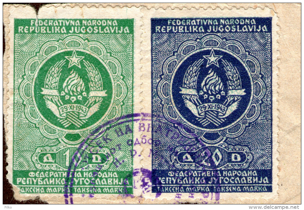 Yugoslavia,revenue Stamps On Piece,10+20 Dincca.1949,as Scan - Dienstzegels