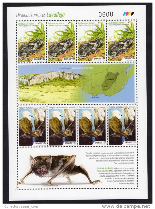Uruguay 2014 MNH Sheet Vampire Bat Frog  Murcielago Vampiro Rana Vampire Chauve-souris Grenouille Map Karte  Cavern - Fledermäuse