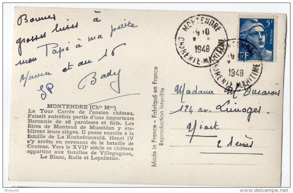 MONTENDRE --1948---La Tour Carrée De L'ancien Chateau Et Son Histoire--cpsm 14 X 9 éd ???--Beau Cachet Montendre - Montendre