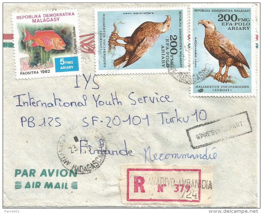 Madagascar 1985 Antananarivo Ambanidia Eagle Bird Of Prey Fish Registered Cover Apres Le Depart Handstamp - Arends & Roofvogels