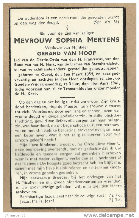 -* Mevrouw  SOPHIA  MERTENS ° OEVEL 1/3/1854-/+LIER 11/4/1941 - Westerlo