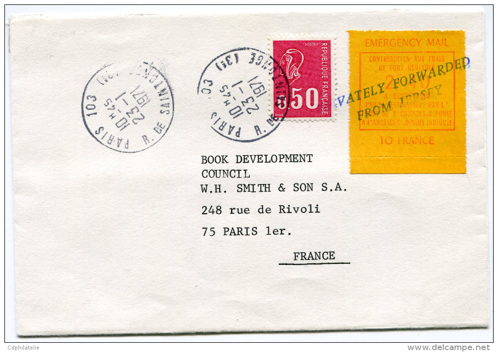 JERSEY LETTRE GREVE DE 1971 AFFRANCHISSEMENT TIMBRE DE FRANCE + TIMBRE DE GREVE SURCHARGE PRIVATELY FORWARDED FROM ..... - Jersey