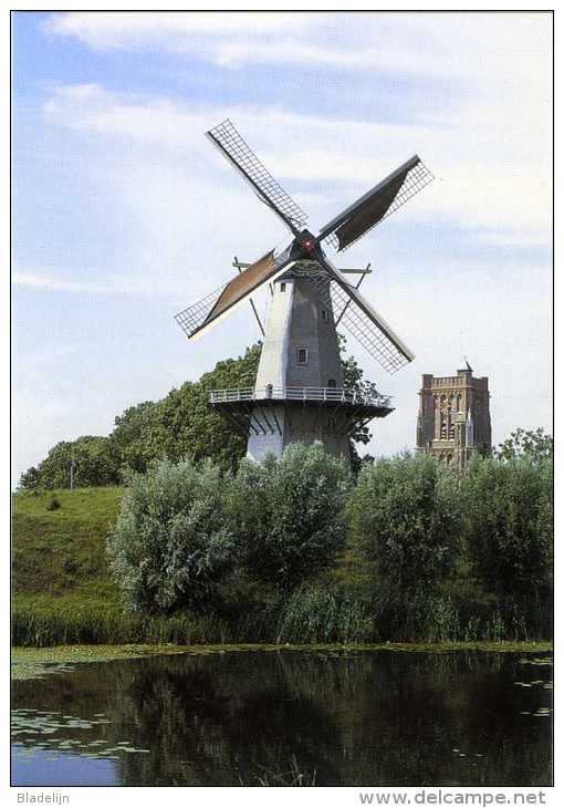 WOUDRICHEM (Noord-Brabant) - Molen/moulin - Mooie Opname Van Molen "Nooit Gedagt" (opgezeild En In Werking) Met De Kerk - Altri & Non Classificati