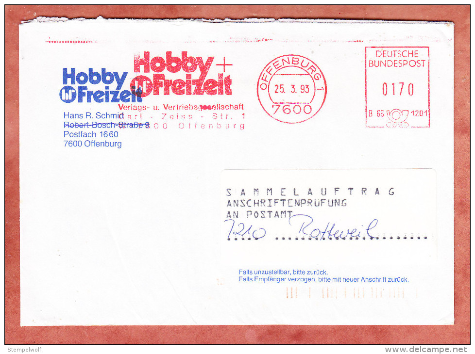 Brief, Sammelauftrag Anschriftenpruefung, Francotyp-Postalia B66-1201, Hobby + Freizeit, 170 Pfg, Offenburg 1993 (69125) - Briefe U. Dokumente