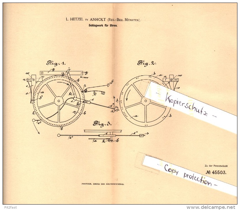 Original Patent - L. Hetzel In Anholt , Isselburg , 1888 , Schlagwerk Für Uhren , Uhrmacher , Uhr , Münster  !!! - Antike Uhren