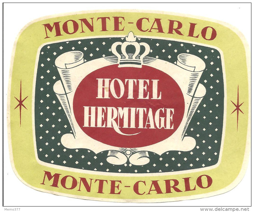 MONTE CARLO  Label Luggage Etiquette De Bagage HOTEL HERMITAGE - Hotel Labels
