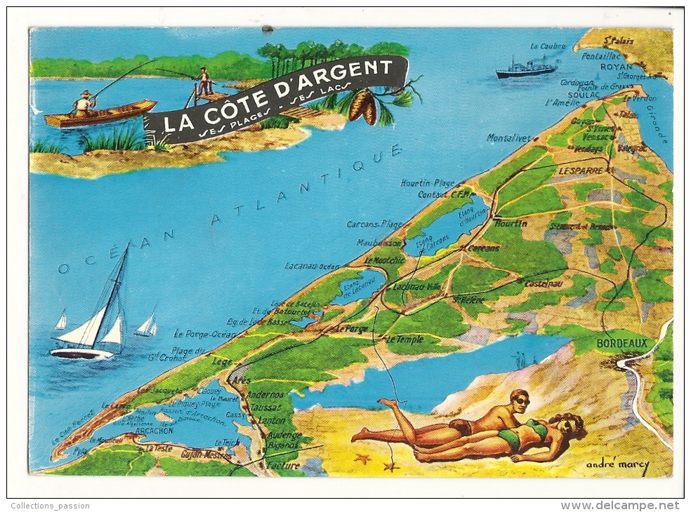 Cp, Carte Géographique, La Côte D´Argent, Voyagée - Landkarten