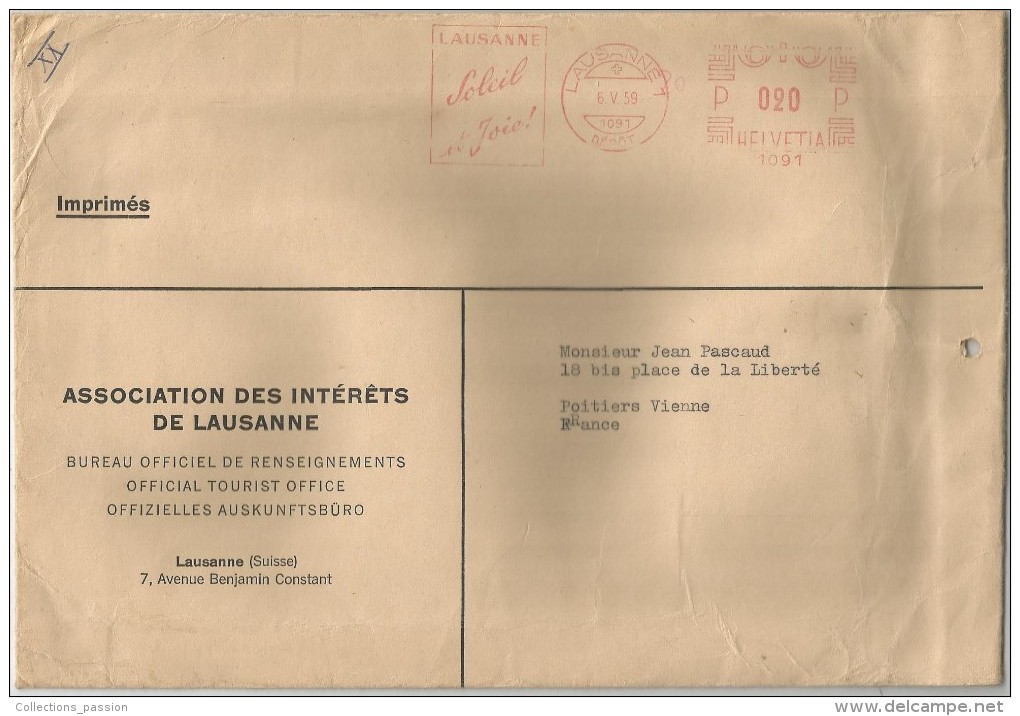 Lettre , SUISSE , Association Des Intérêts De LAUSANNE , 1959 , Frais Fr : 1.80€ - Postmark Collection